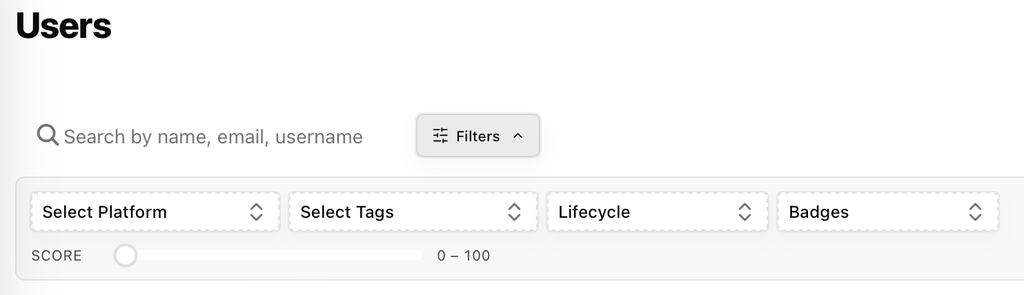 The Filters panel open with platform, tag, lifecycle, badge, and value-score filters, and active filter chips above the table